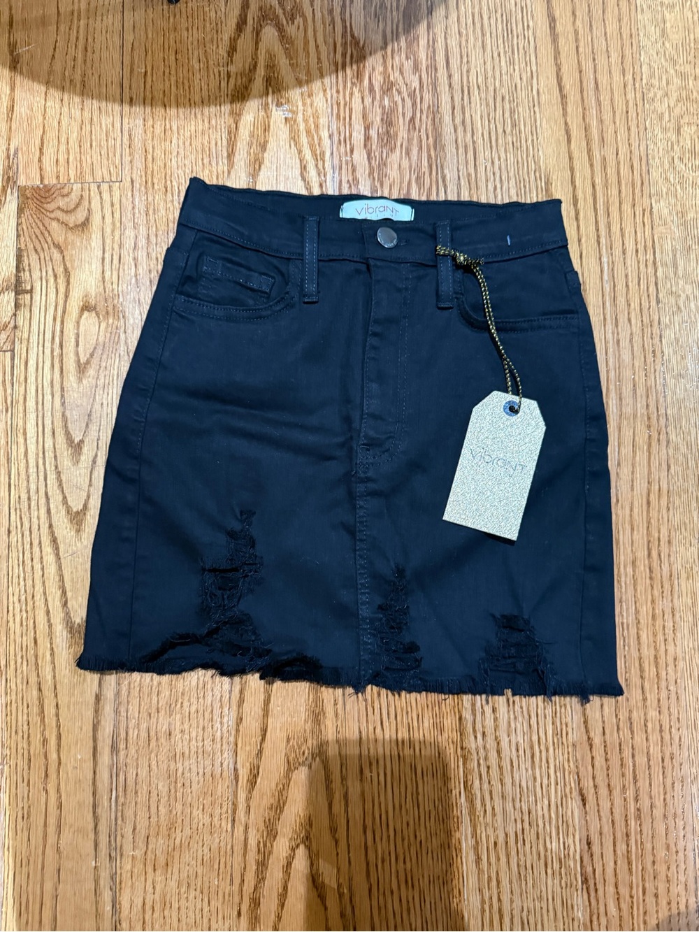 Vibrant Black Frayed Hem Denim Mini Skirt